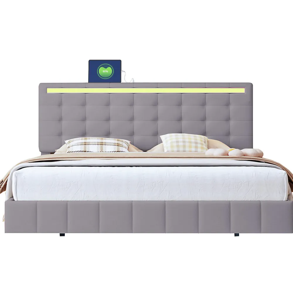 Lit double capitonné 160 x 200 cm, cadre de lit flottant, rembourré, avec LED, lin, gris>Fortuna lai Sale