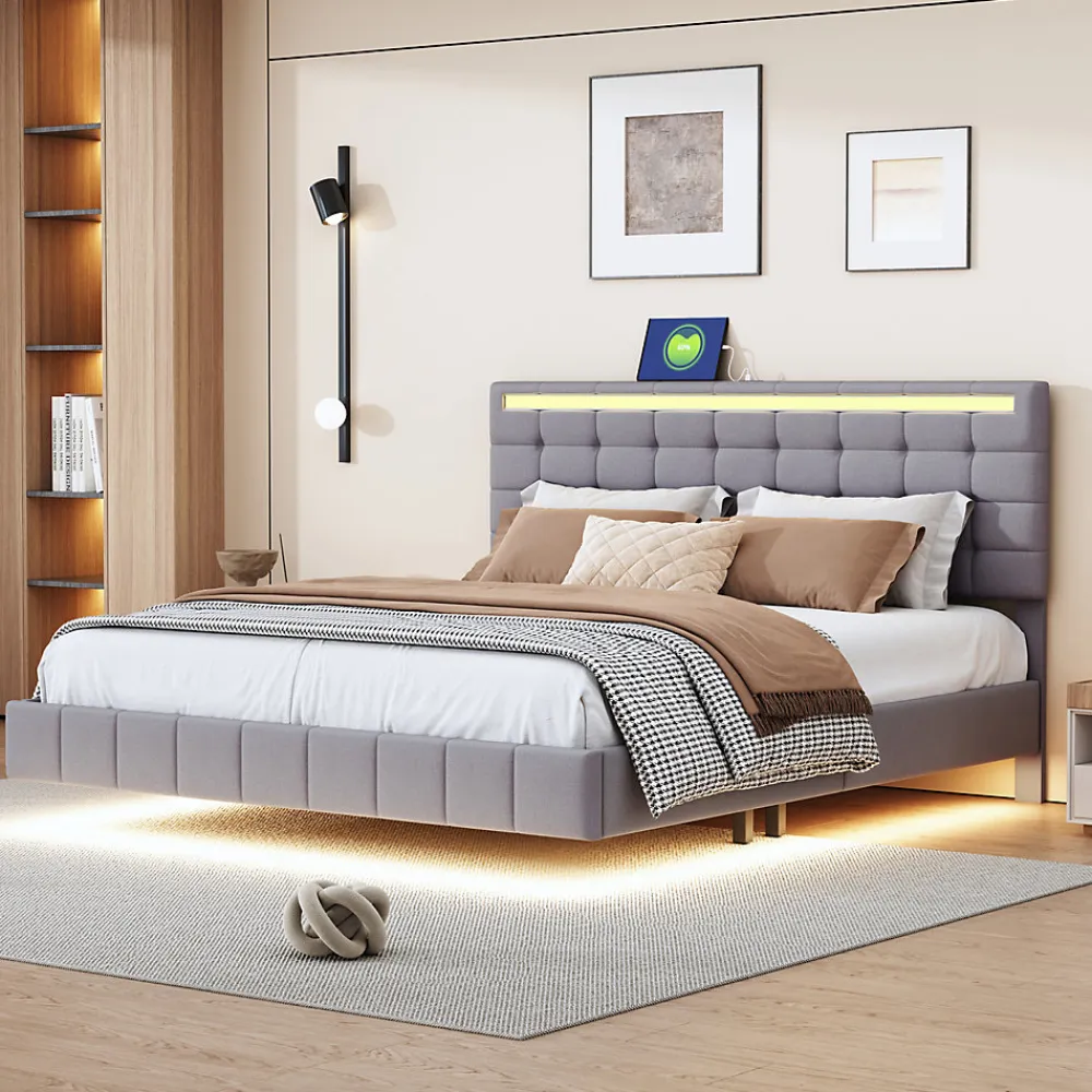 Lit double capitonné 160 x 200 cm, cadre de lit flottant, rembourré, avec LED, lin, gris>Fortuna lai Sale