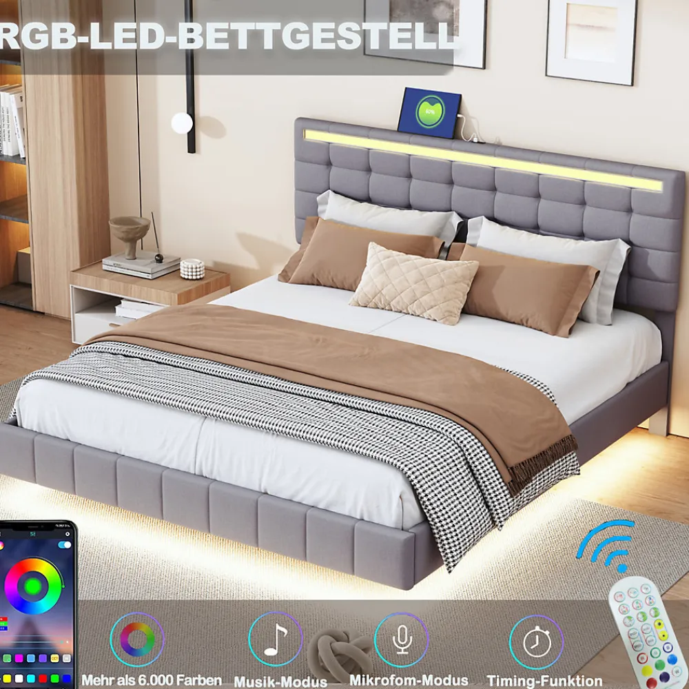 Lit double capitonné 160 x 200 cm, cadre de lit flottant, rembourré, avec LED, lin, gris>Fortuna lai Sale