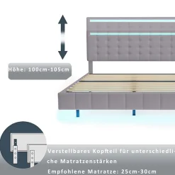 Lit double capitonné 160 x 200 cm, cadre de lit flottant, rembourré, avec LED, lin, gris><noscript><img width=