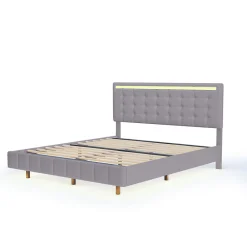Lit double capitonné 160 x 200 cm, cadre de lit flottant, rembourré, avec LED, lin, gris><noscript><img width=