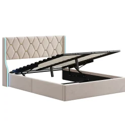 Lit double capitonné 140 x 190 cm, avec tête de lit et éclairage LED, espace de rangement, beige>Fortuna lai Online