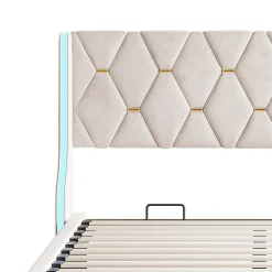 Lit double capitonné 140 x 190 cm, avec tête de lit et éclairage LED, espace de rangement, beige><noscript><img width=