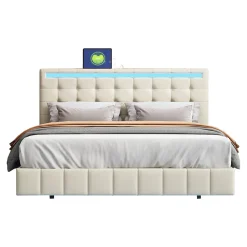 Lit double capitonné 140 x 200 cm, cadre de lit flottant, rembourré, avec LED, lin, beige>Fortuna lai Online