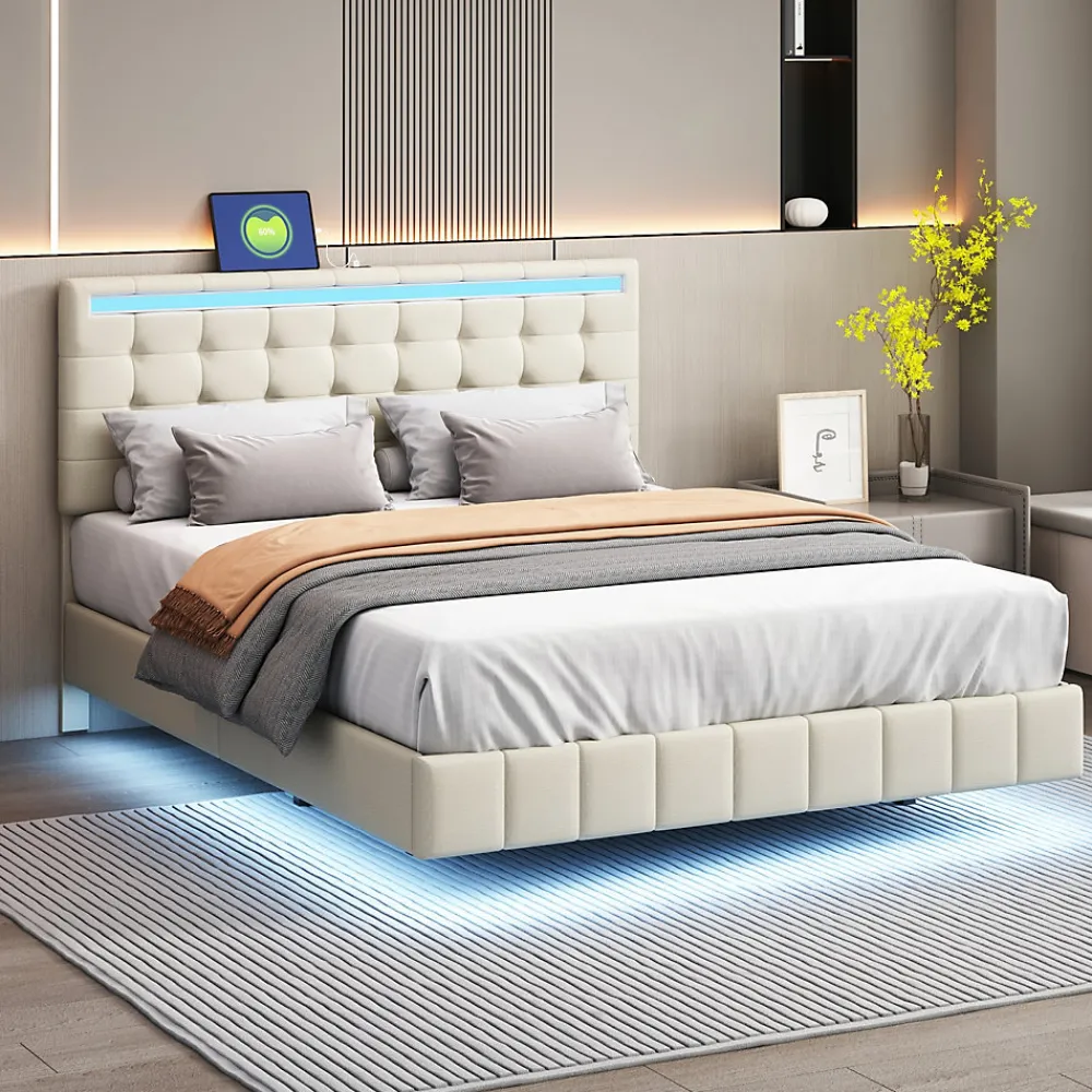 Lit double capitonné 140 x 200 cm, cadre de lit flottant, rembourré, avec LED, lin, beige>Fortuna lai Online