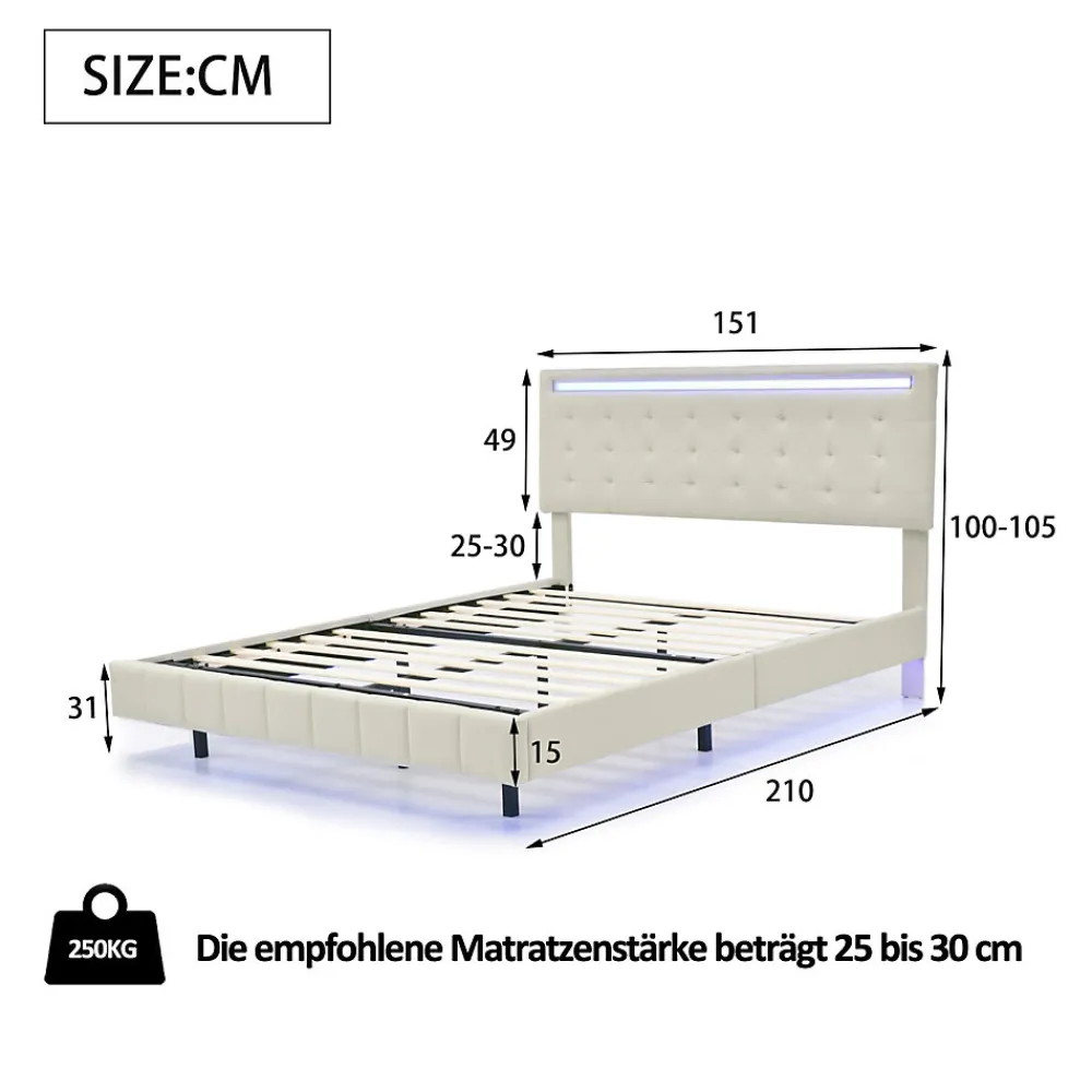 Lit double capitonné 140 x 200 cm, cadre de lit flottant, rembourré, avec LED, lin, beige>Fortuna lai Online