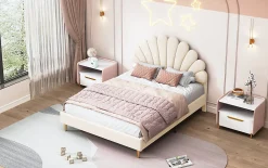 Lit double capitonné 140 x 200 cm avec sommier à lattes, velours, Beige>Fortuna lai Online