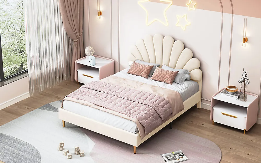 Lit double capitonné 140 x 200 cm avec sommier à lattes, velours, Beige>Fortuna lai Online