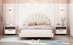 Lit double capitonné 140 x 200 cm avec sommier à lattes, velours, Beige><noscript><img width=