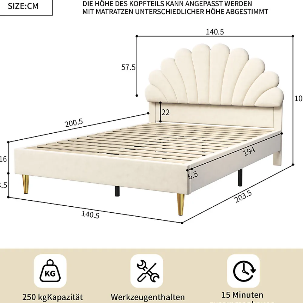 Lit double capitonné 140 x 200 cm avec sommier à lattes, velours, Beige>Fortuna lai Online