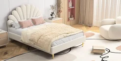 Lit double capitonné 140 x 200 cm avec sommier à lattes, velours, Beige><noscript><img width=