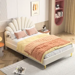 Lit double capitonné 140 x 200 cm avec sommier à lattes, velours, Beige><noscript><img width=