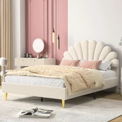Lit double capitonné 140 x 200 cm avec sommier à lattes, velours, Beige><noscript><img width=