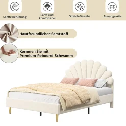 Lit double capitonné 140 x 200 cm avec sommier à lattes, velours, Beige><noscript><img width=