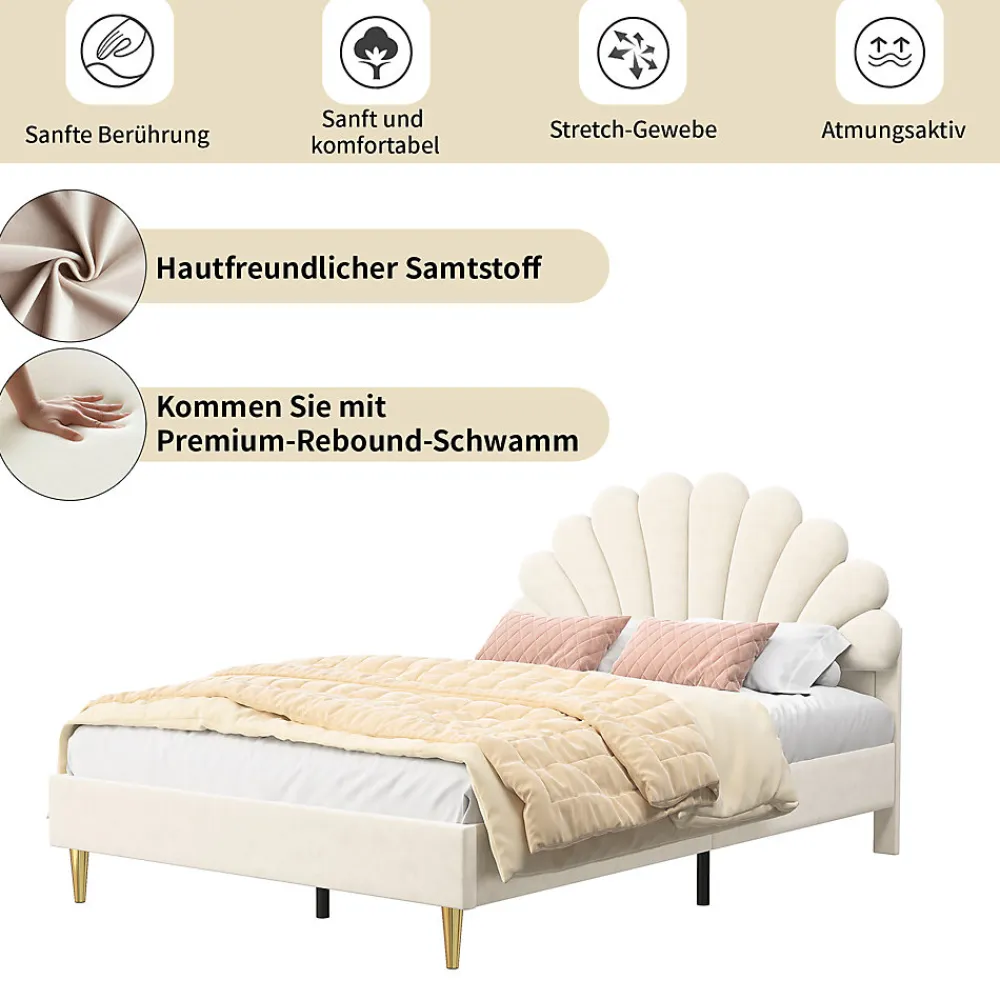 Lit double capitonné 140 x 200 cm avec sommier à lattes, velours, Beige>Fortuna lai Online