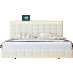 Lit double capitonné 160 x 200 cm, cadre de lit flottant, rembourré, avec LED, lin, beige>Fortuna lai Discount