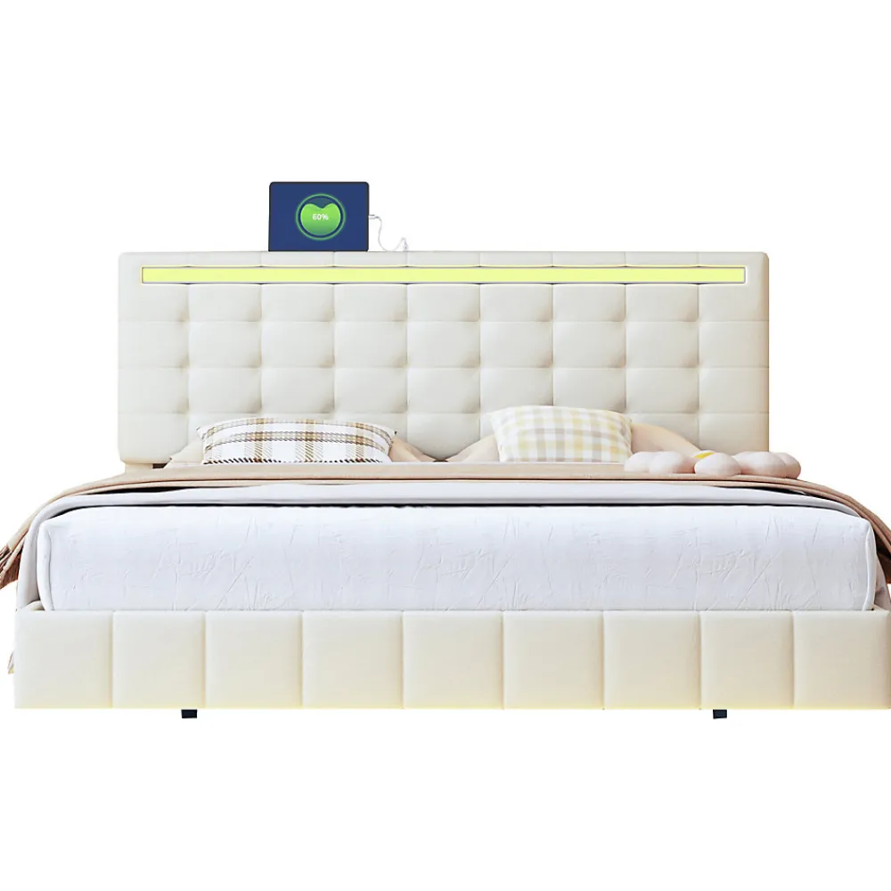 Lit double capitonné 160 x 200 cm, cadre de lit flottant, rembourré, avec LED, lin, beige>Fortuna lai Discount