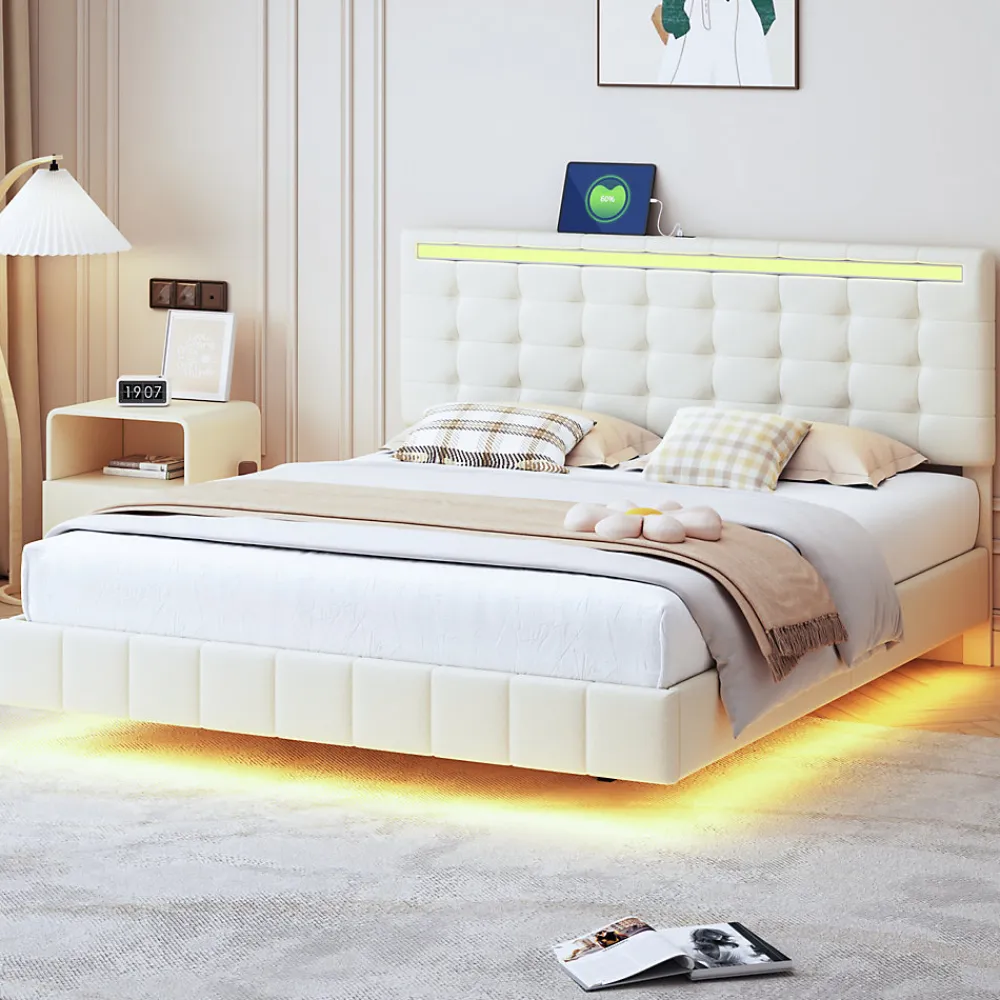 Lit double capitonné 160 x 200 cm, cadre de lit flottant, rembourré, avec LED, lin, beige>Fortuna lai Discount