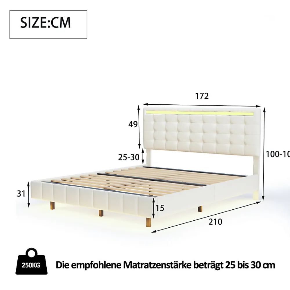 Lit double capitonné 160 x 200 cm, cadre de lit flottant, rembourré, avec LED, lin, beige>Fortuna lai Discount