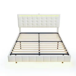 Lit double capitonné 160 x 200 cm, cadre de lit flottant, rembourré, avec LED, lin, beige><noscript><img width=