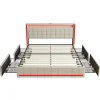 Fortuna lai Lit double capitonné 140 x 190 cm, avec tête de lit et éclairage LED, 4 tiroirs, tissu lin, beige* Lit Coffre
