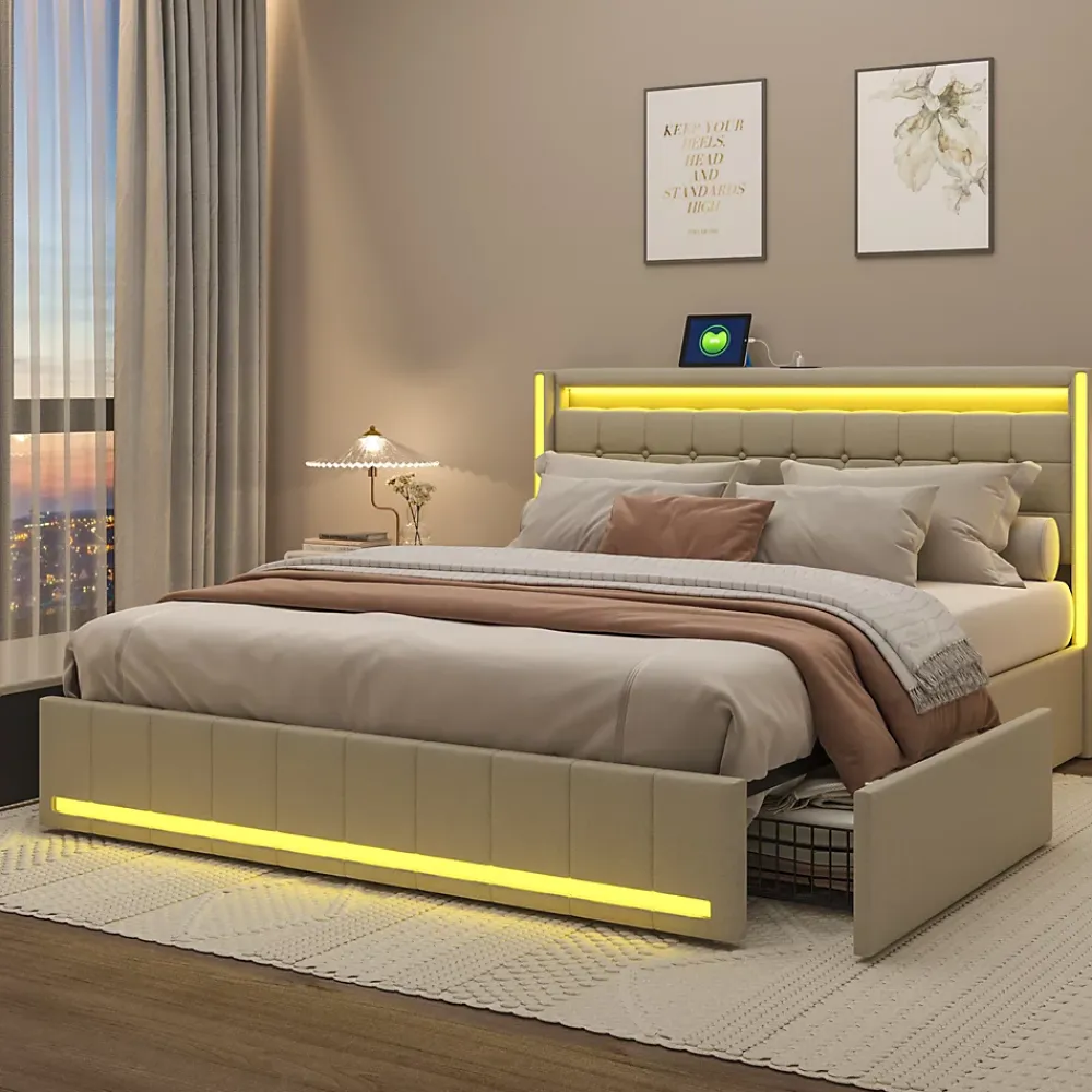 Fortuna lai Lit double capitonné 140 x 190 cm, avec tête de lit et éclairage LED, 4 tiroirs, tissu lin, beige* Lit Coffre