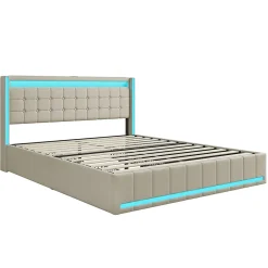 Fortuna lai Lit double capitonné 140 x 190 cm, avec tête de lit et éclairage LED, 4 tiroirs, tissu lin, beige* Lit Coffre