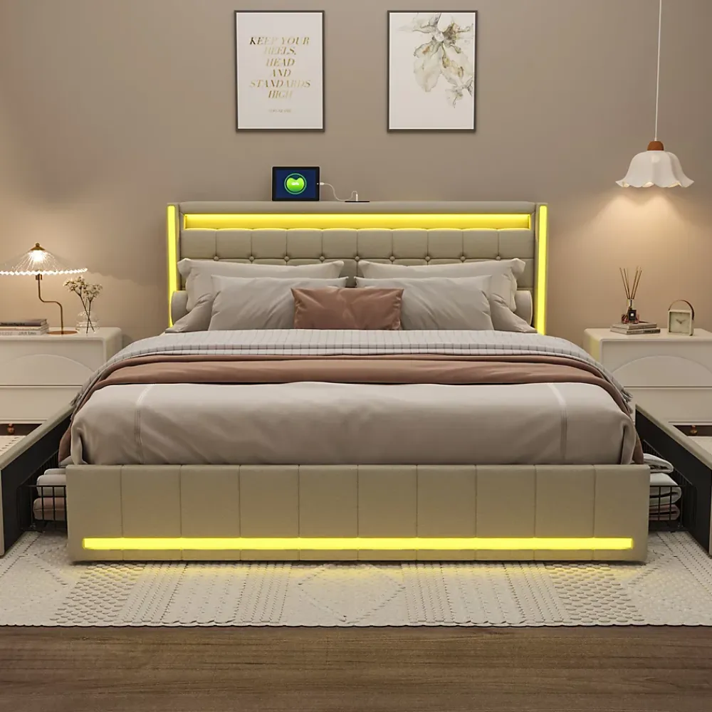 Fortuna lai Lit double capitonné 140 x 190 cm, avec tête de lit et éclairage LED, 4 tiroirs, tissu lin, beige* Lit Coffre