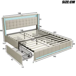 Fortuna lai Lit double capitonné 140 x 190 cm, avec tête de lit et éclairage LED, 4 tiroirs, tissu lin, beige* Lit Coffre