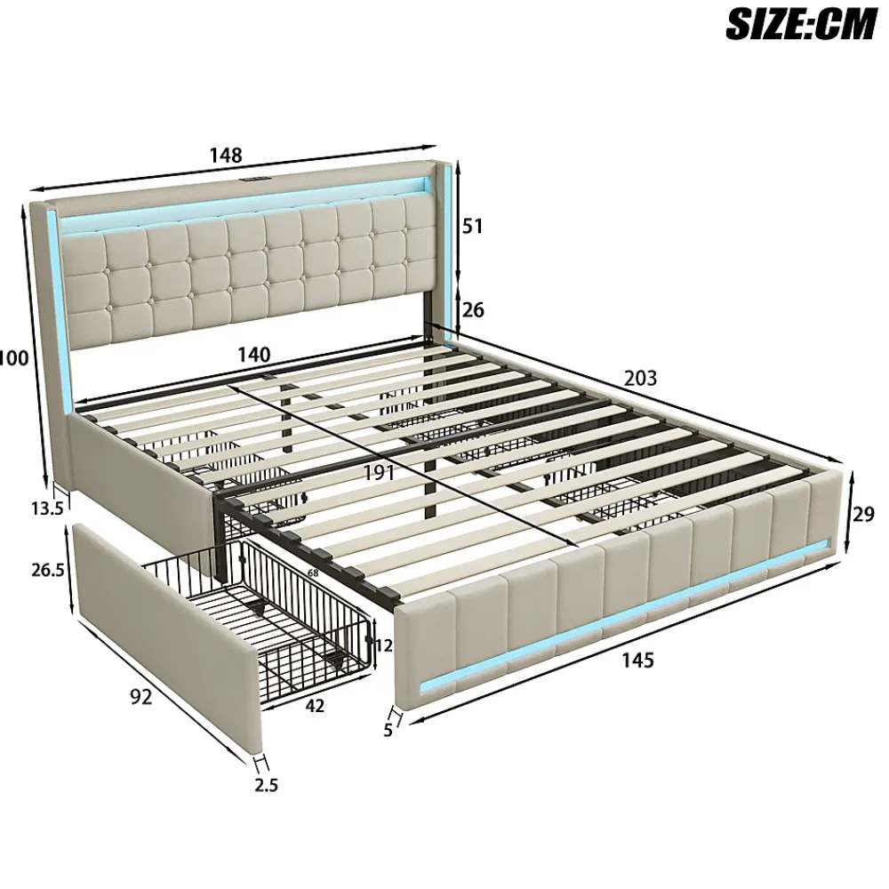 Fortuna lai Lit double capitonné 140 x 190 cm, avec tête de lit et éclairage LED, 4 tiroirs, tissu lin, beige* Lit Coffre