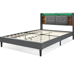 Lit double capitonné gris avec tête de lit rangement éclairage LED>Urban Meuble