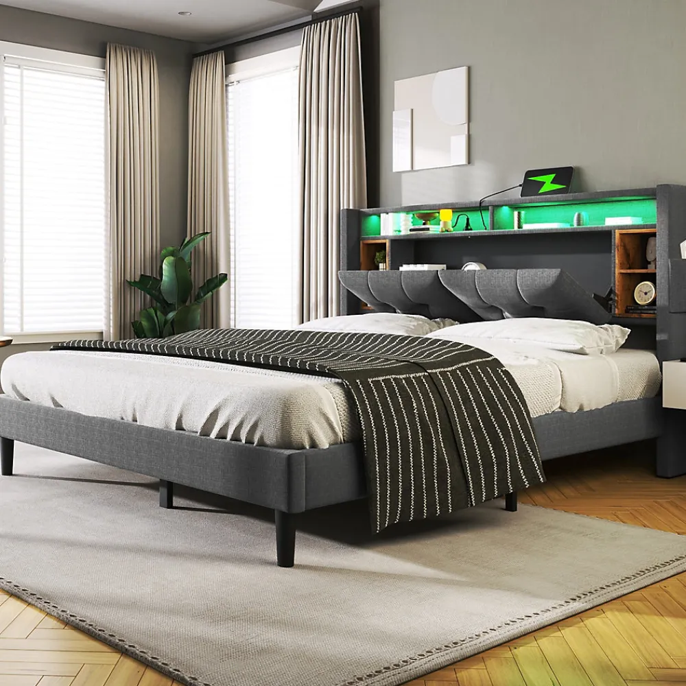 Lit double capitonné gris avec tête de lit rangement éclairage LED>Urban Meuble