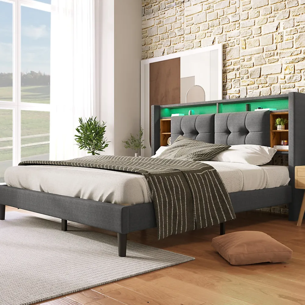Lit double capitonné gris avec tête de lit rangement éclairage LED>Urban Meuble