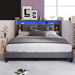 Lit double capitonné gris avec tête de lit rangement éclairage LED><noscript><img width=