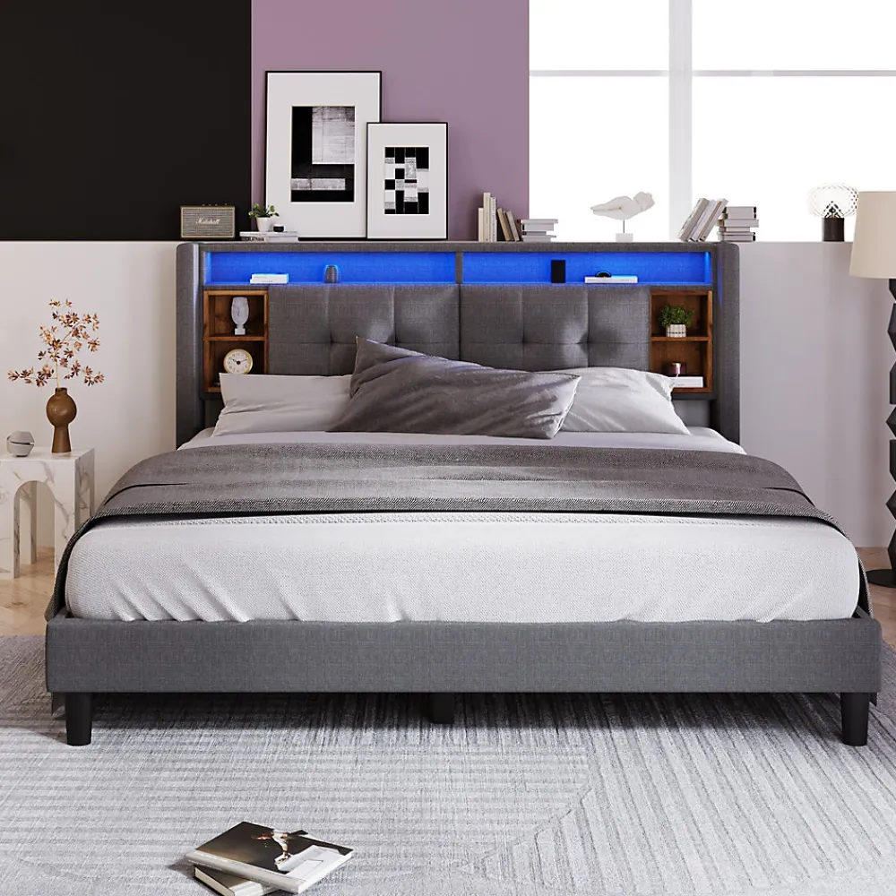 Lit double capitonné gris avec tête de lit rangement éclairage LED>Urban Meuble