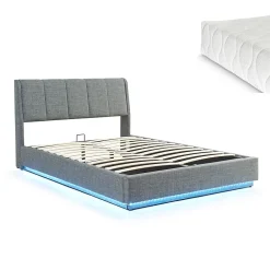 [En.Casa] Lit double capitonné Tröstiar avec éclairage LED et matelas 140 x 200 cm anthracite en.casa* Ensemble Sommier Et Matelas