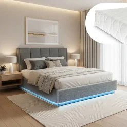 [En.Casa] Lit double capitonné Tröstiar avec éclairage LED et matelas 140 x 200 cm anthracite en.casa* Ensemble Sommier Et Matelas