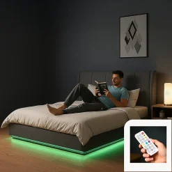 [En.Casa] Lit double capitonné Tröstiar avec éclairage LED et matelas 140 x 200 cm anthracite en.casa* Ensemble Sommier Et Matelas