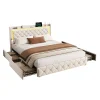 Lit Double Capitonné, 140x190 Cm, Avec 4 Tiroirs, Éclairage LED Et Ports De Chargement, Beige>Fortuna lai Best