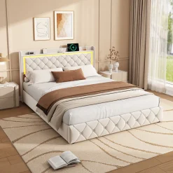 Lit Double Capitonné, 140x190 Cm, Avec 4 Tiroirs, Éclairage LED Et Ports De Chargement, Beige>Fortuna lai Best