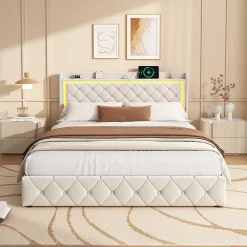 Lit Double Capitonné, 140x190 Cm, Avec 4 Tiroirs, Éclairage LED Et Ports De Chargement, Beige><noscript><img width=