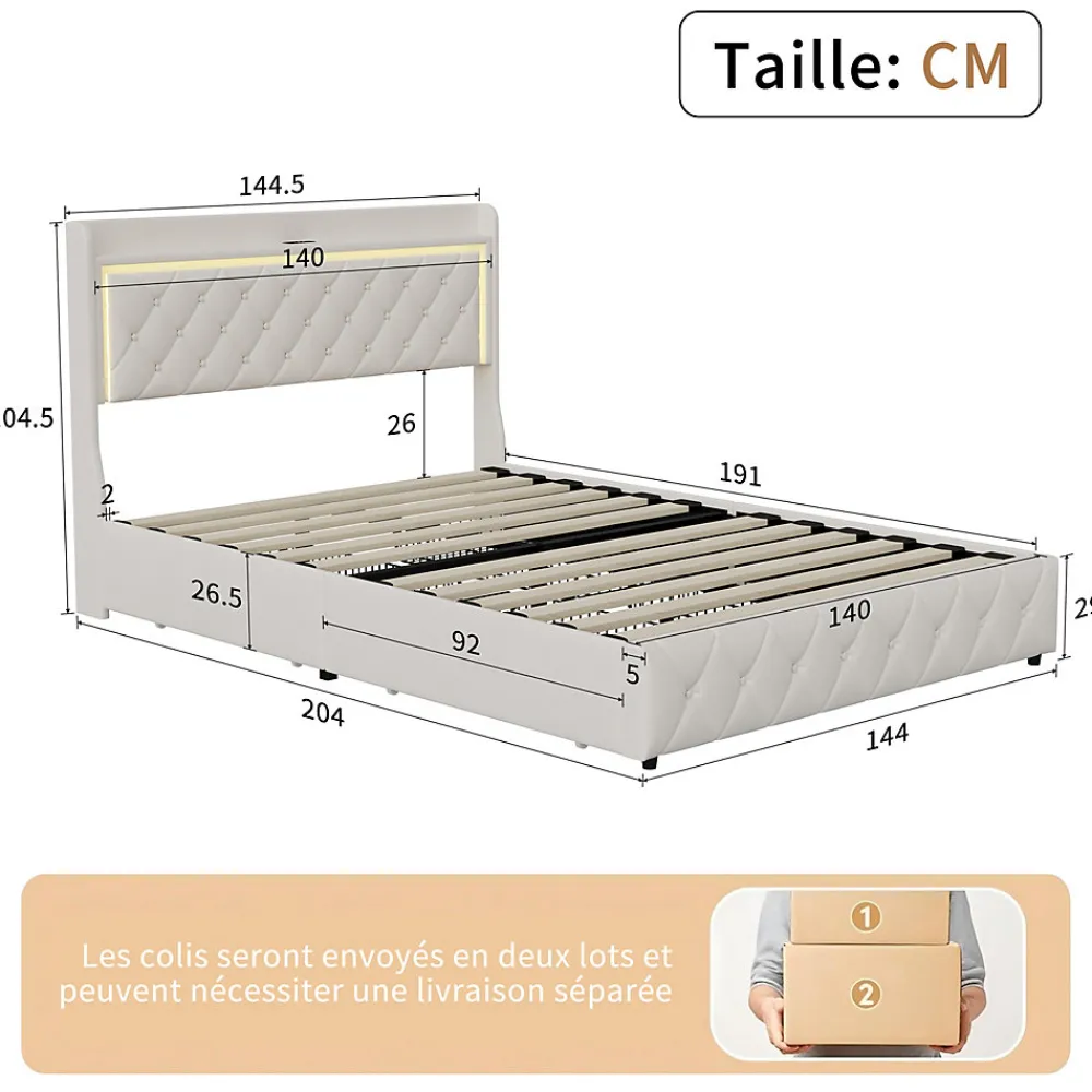 Lit Double Capitonné, 140x190 Cm, Avec 4 Tiroirs, Éclairage LED Et Ports De Chargement, Beige>Fortuna lai Best