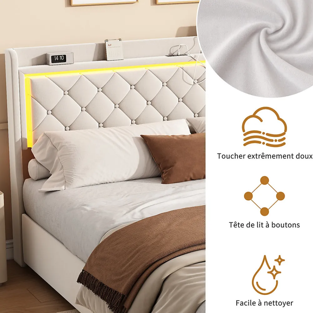 Lit Double Capitonné, 140x190 Cm, Avec 4 Tiroirs, Éclairage LED Et Ports De Chargement, Beige>Fortuna lai Best
