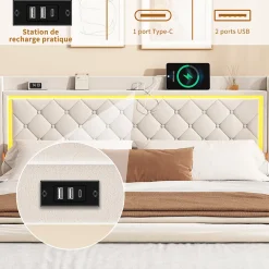 Lit Double Capitonné, 140x190 Cm, Avec 4 Tiroirs, Éclairage LED Et Ports De Chargement, Beige><noscript><img width=