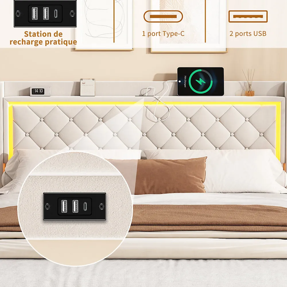 Lit Double Capitonné, 140x190 Cm, Avec 4 Tiroirs, Éclairage LED Et Ports De Chargement, Beige>Fortuna lai Best