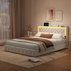 Lit Double Capitonné, 140x190 Cm, Avec 4 Tiroirs, Éclairage LED Et Ports De Chargement, Beige><noscript><img width=