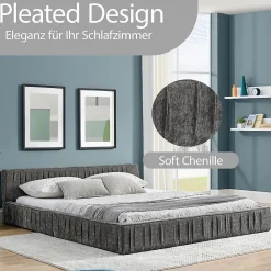 Lit Double Capitonné 160x200 cm, Tête de Lit, Structure Bois d'Eucalyptus Métal, Chenille Doux, Gris Foncé, Sans Matelas><noscript><img width=