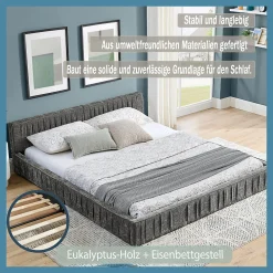 Lit Double Capitonné 160x200 cm, Tête de Lit, Structure Bois d'Eucalyptus Métal, Chenille Doux, Gris Foncé, Sans Matelas><noscript><img width=