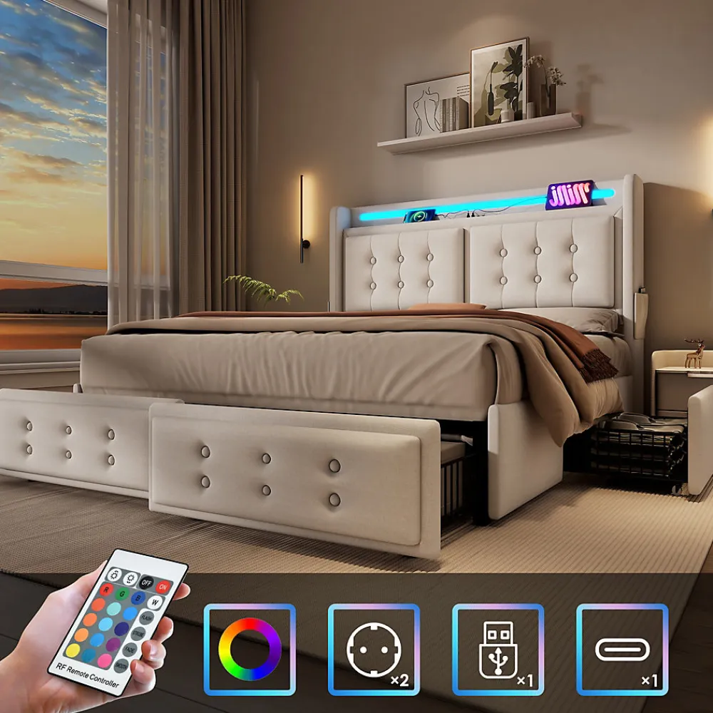 Lit double capitonné 140x200 cm avec 4 Tiroirs de Rangement, Éclairage LED et Ports USB-C, Bois et Métal, Beige, Matelas Inclus>Okwish Clearance
