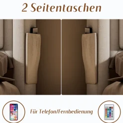 Lit double capitonné 140x200 cm avec 4 Tiroirs de Rangement, Éclairage LED et Ports USB-C, Bois et Métal, Beige, Matelas Inclus><noscript><img width=